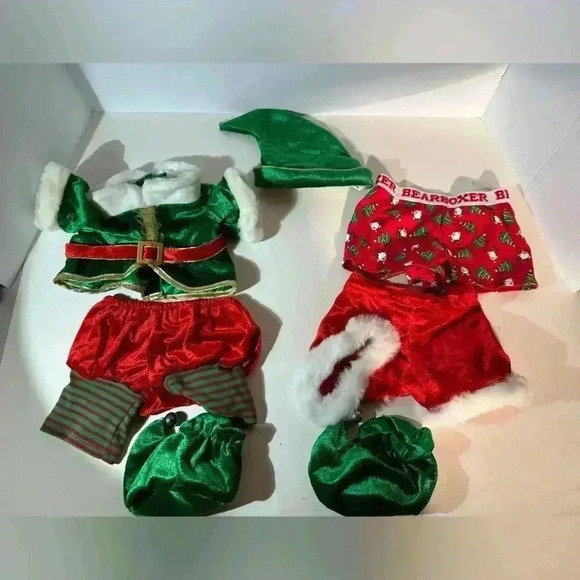 Build a Bear BABW Christmas Elf Costume Red Green Bells Bear Boxers - Picture 1 of 8